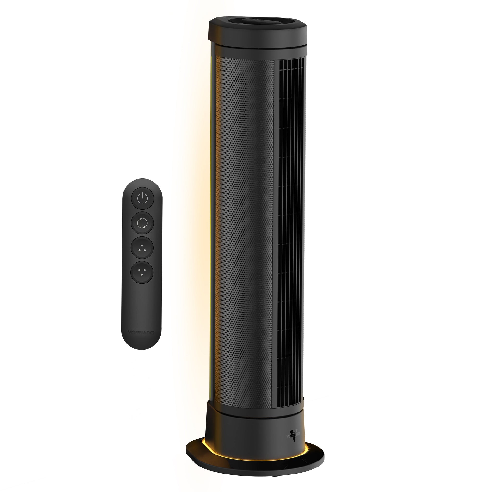 Black tower fan with remote control on a white background