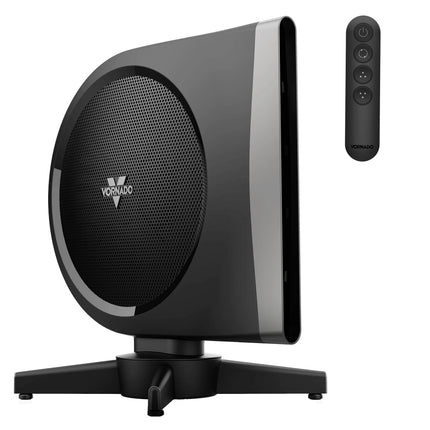 Black fanr with a remote control on a white background