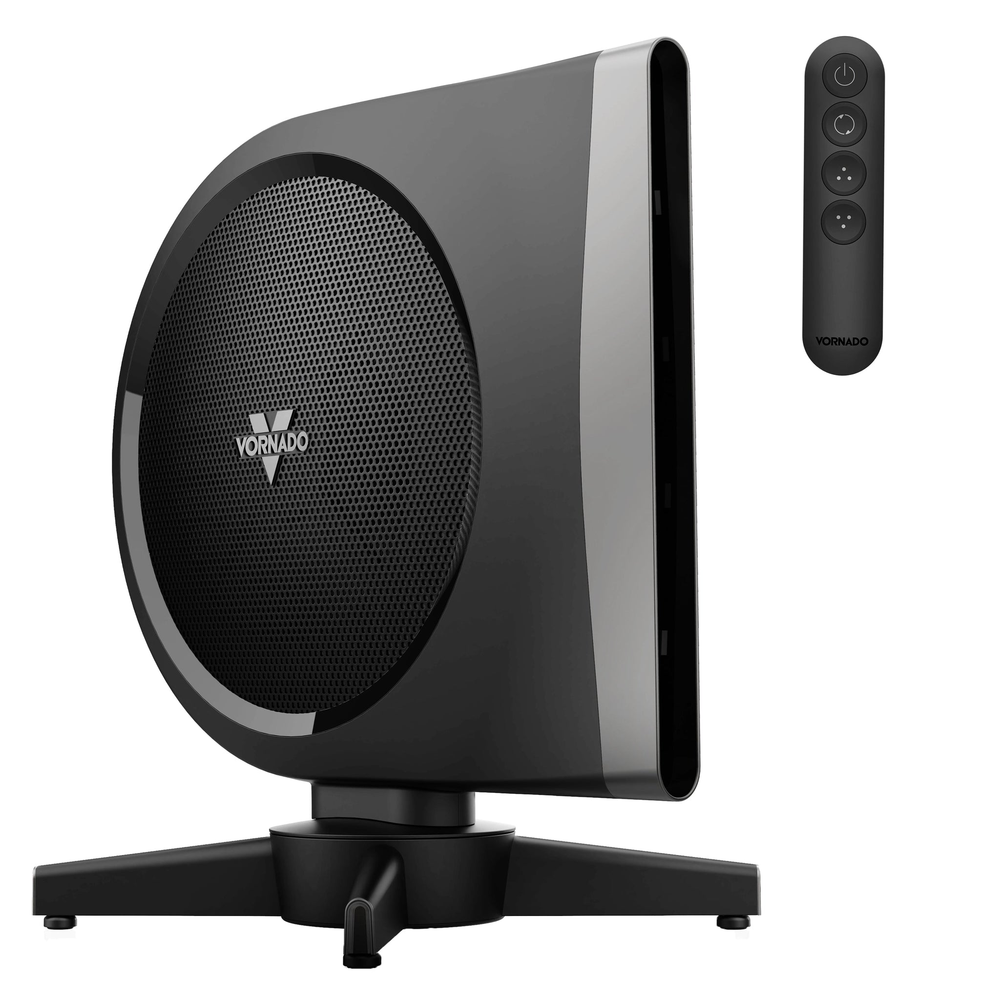Black fanr with a remote control on a white background