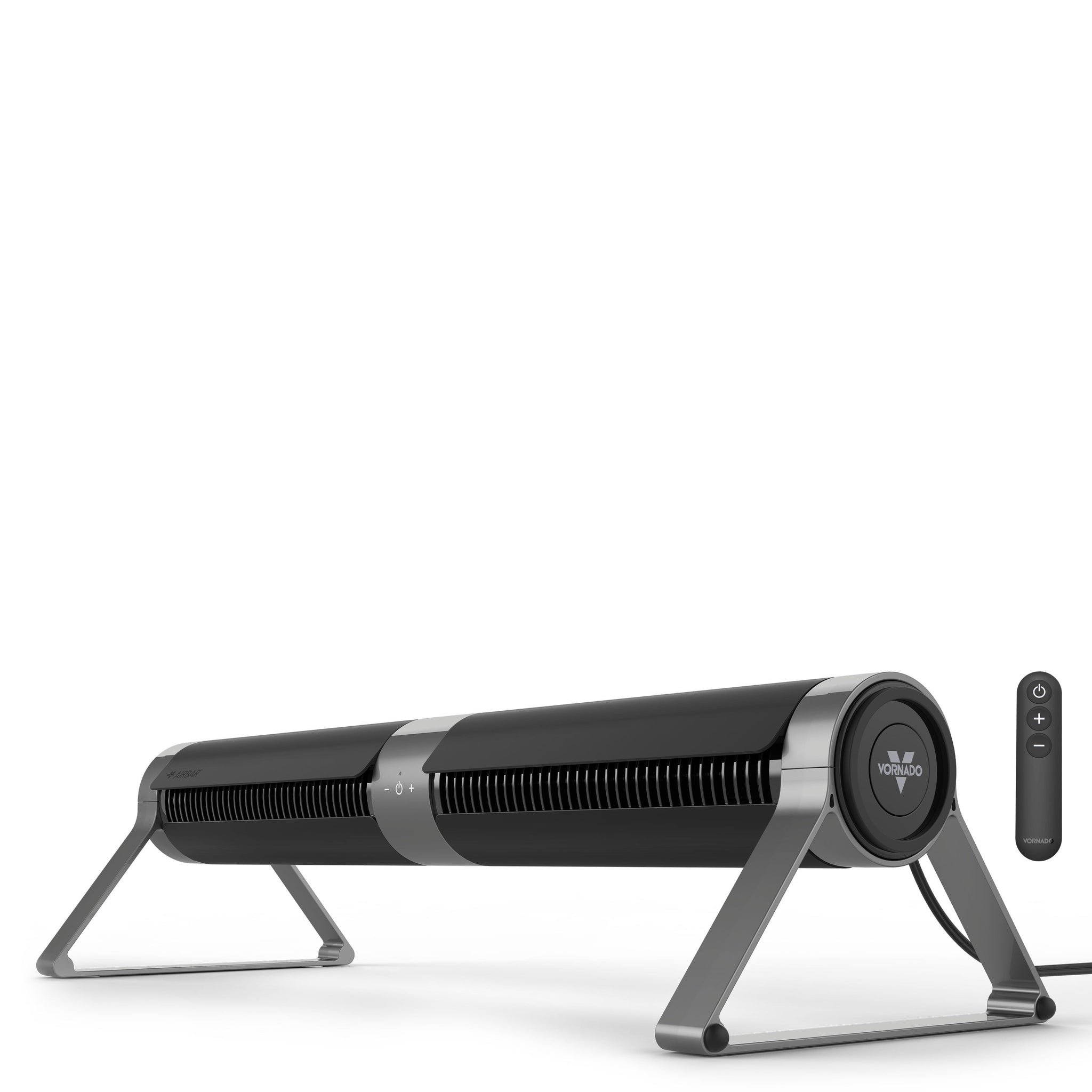 Black and silver fan with remote control on a white background