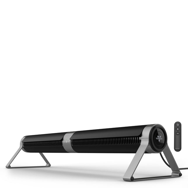 Black and silver cylindrical fan with a stand on a white background