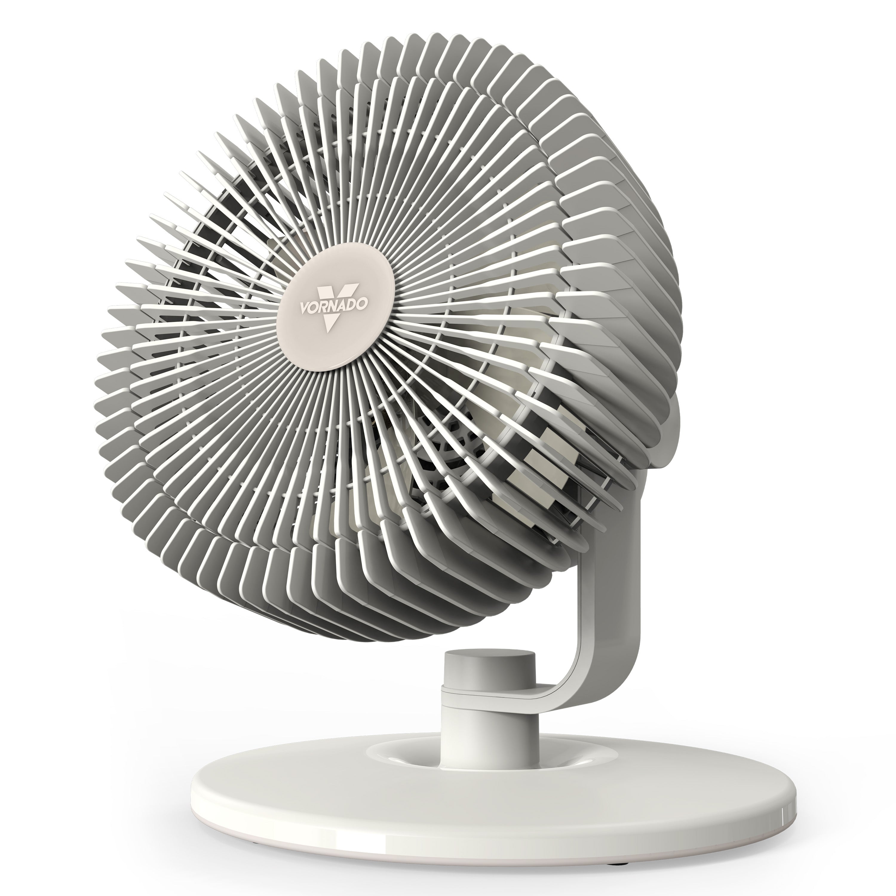 White desk fan with a circular design on a white background