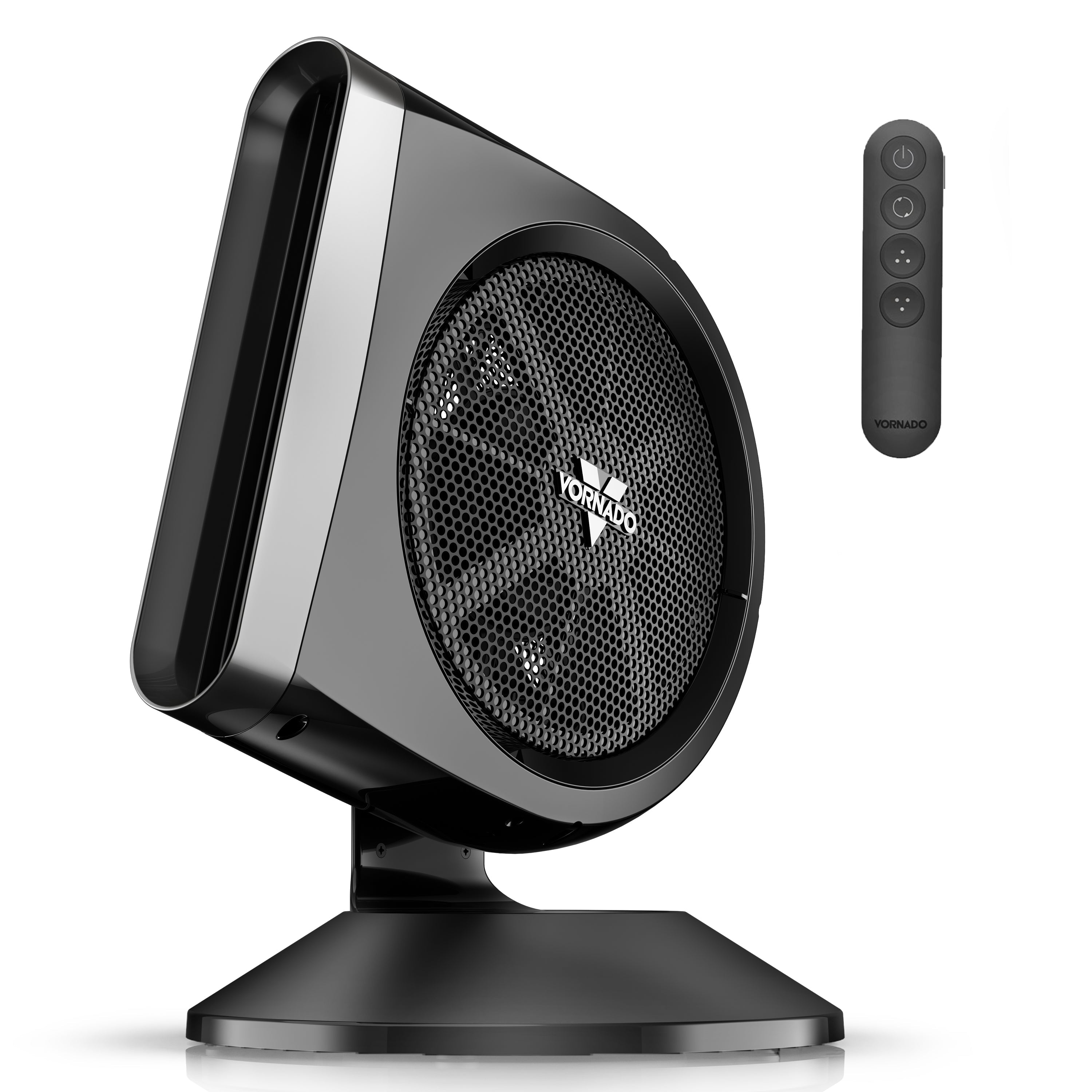 Black blower fan with remote control on a white background