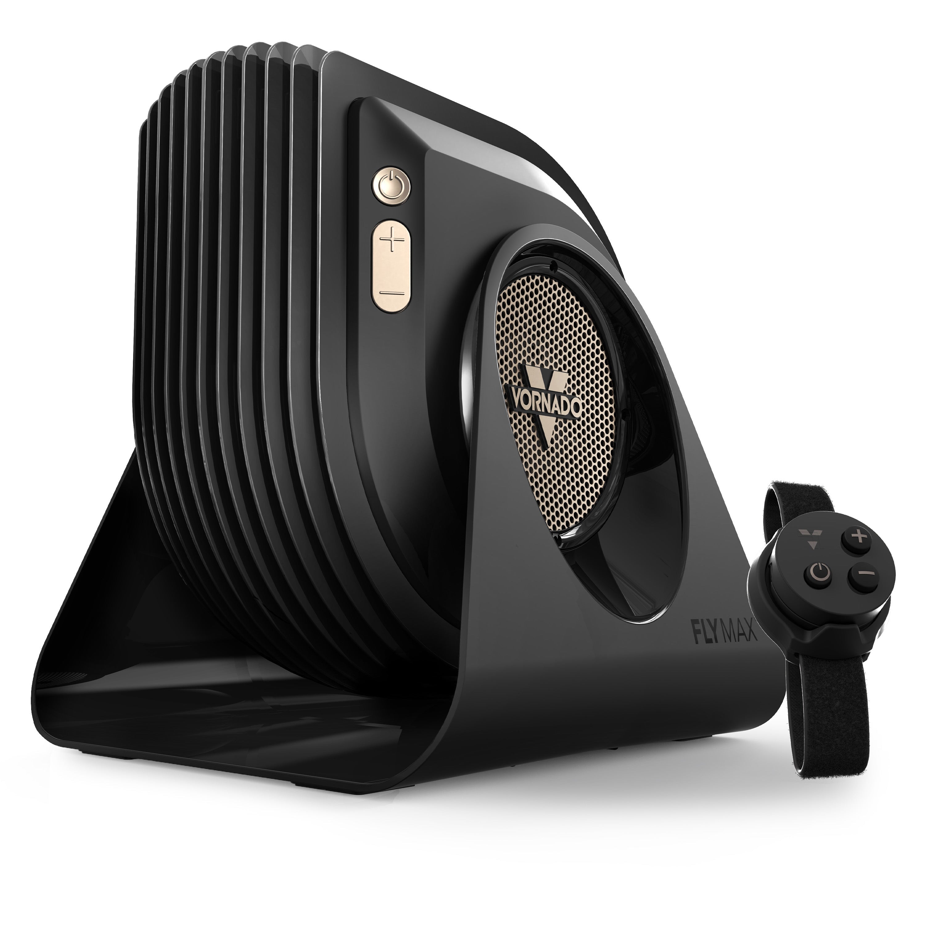 Black Vornado fan with remote control on a white background