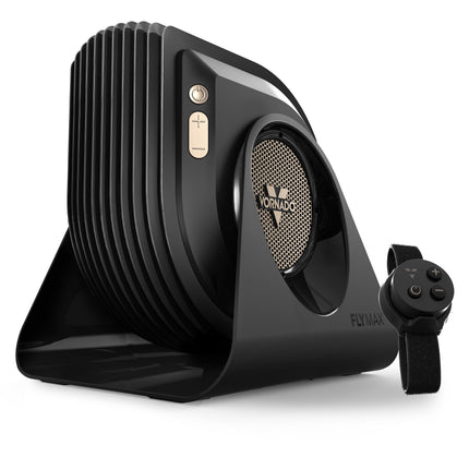 Black Vornado fan with remote control on a white background