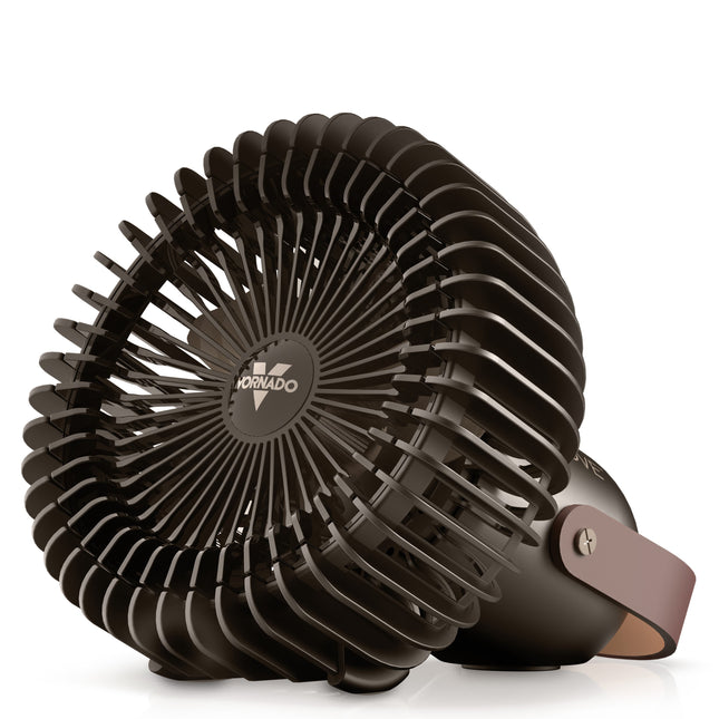 Black handheld fan with brown accents on a white background