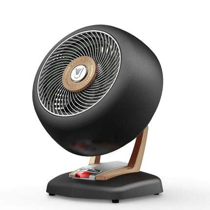 Black heater with wooden base on a white background