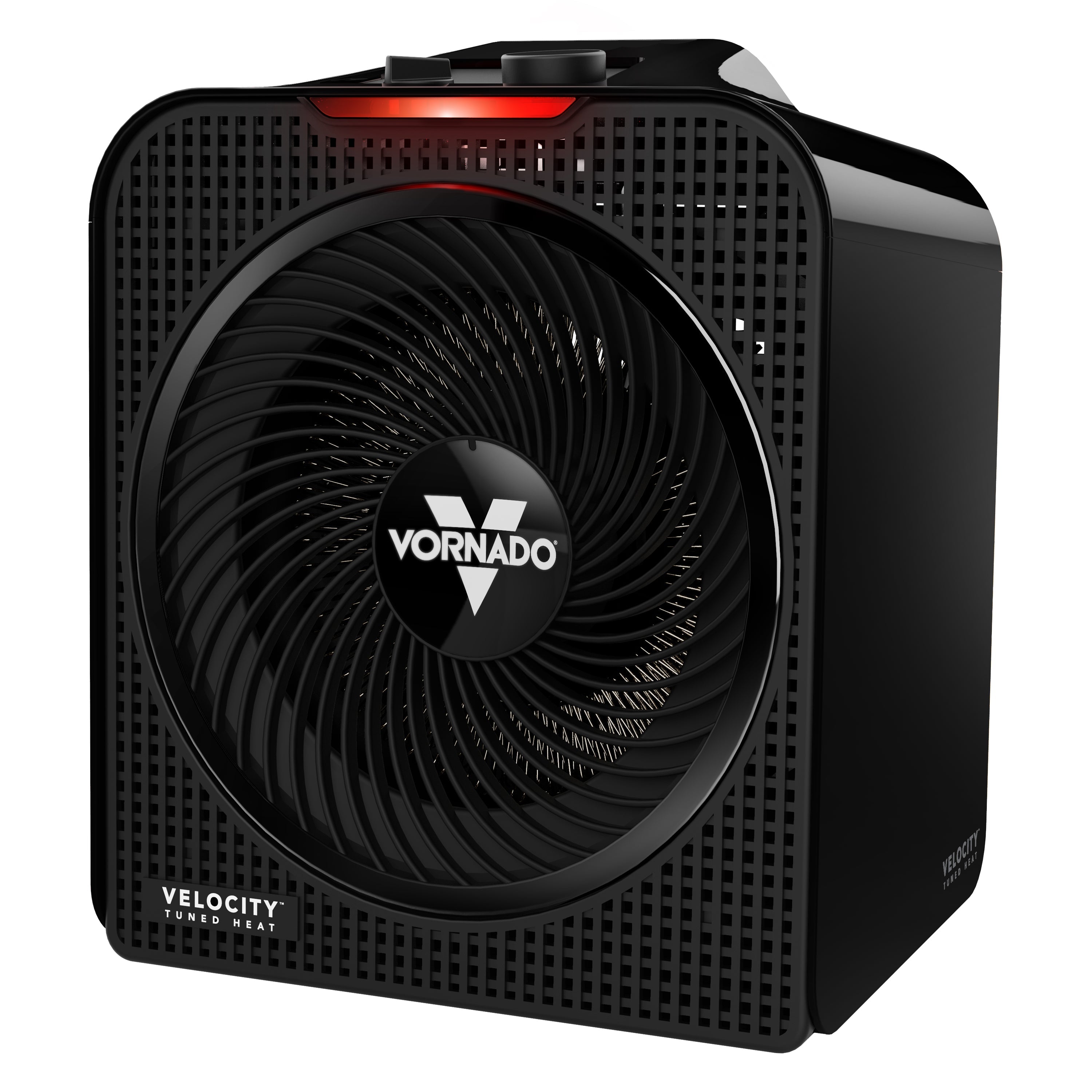 Black Vornado heater on a white background
