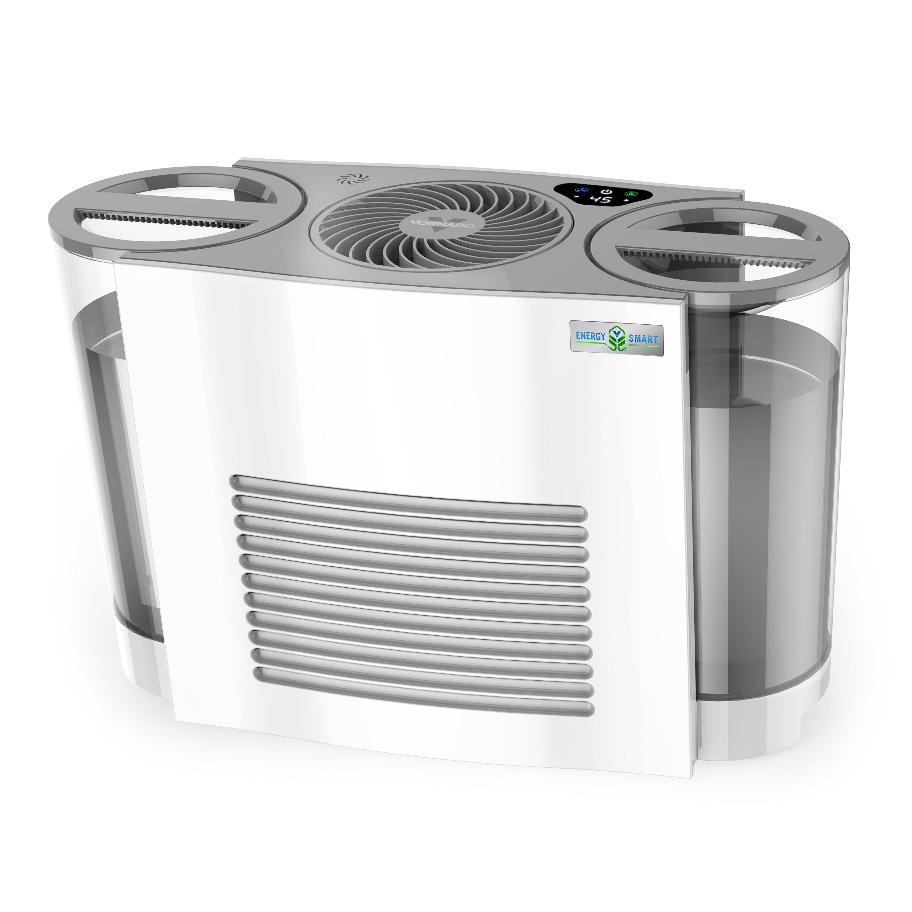 Humidifier with clear front panel on a white background