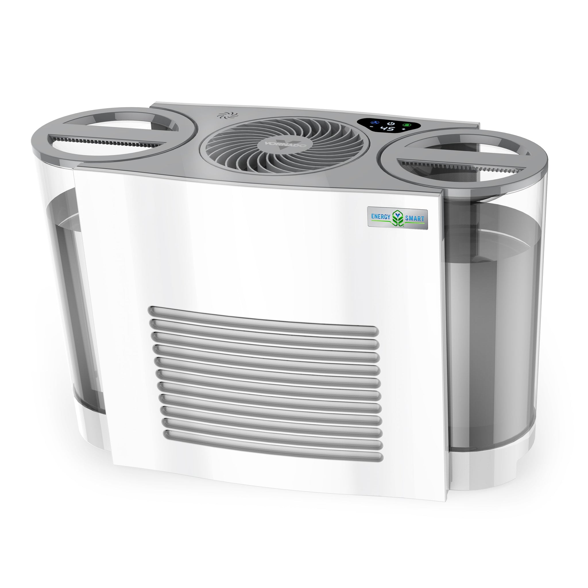 Humidifier with clear front panel on a white background