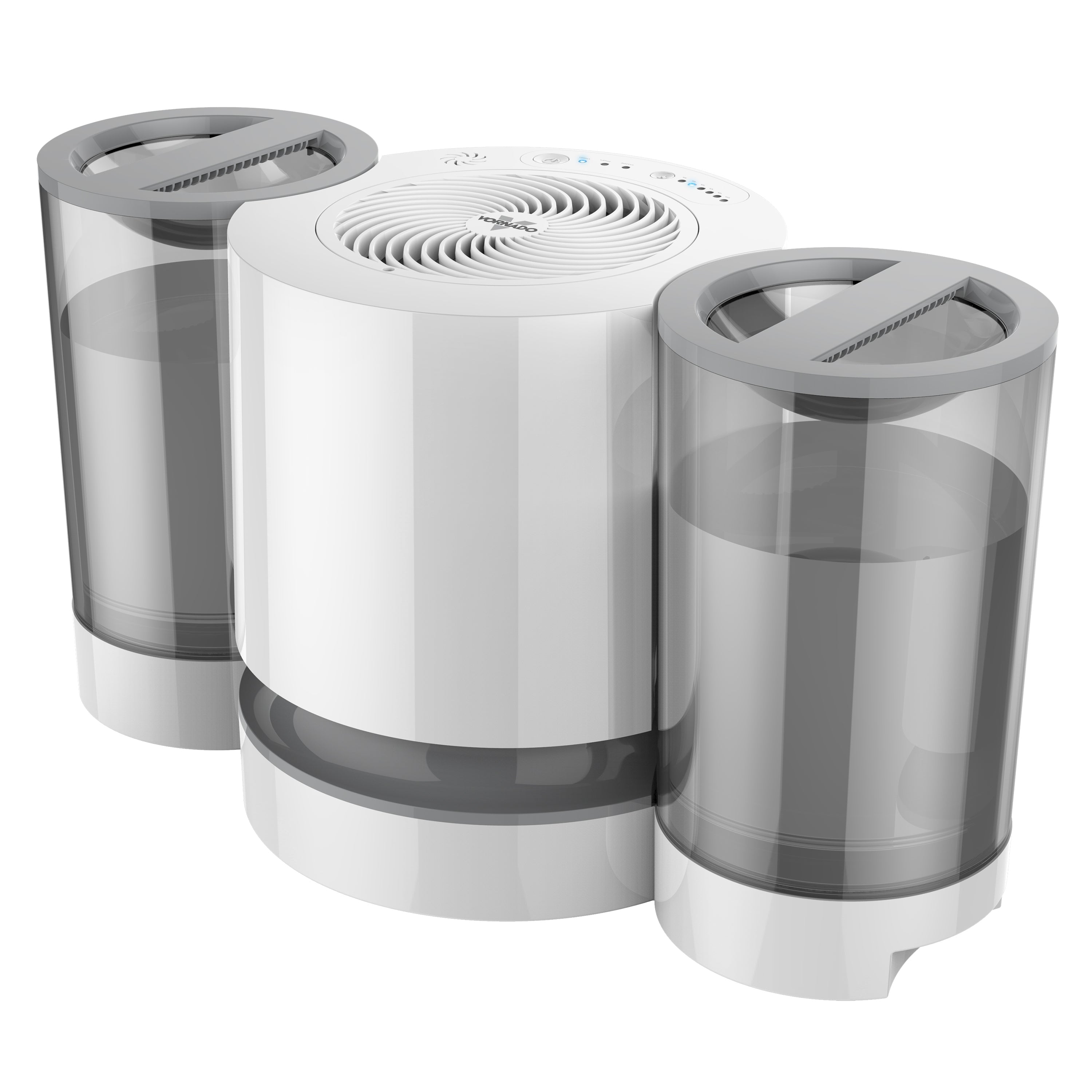 White and gray humidifier with two water tanks on a white background