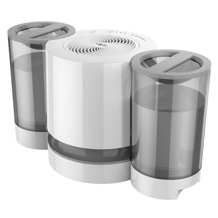 White and gray humidifier with two water tanks on a white background