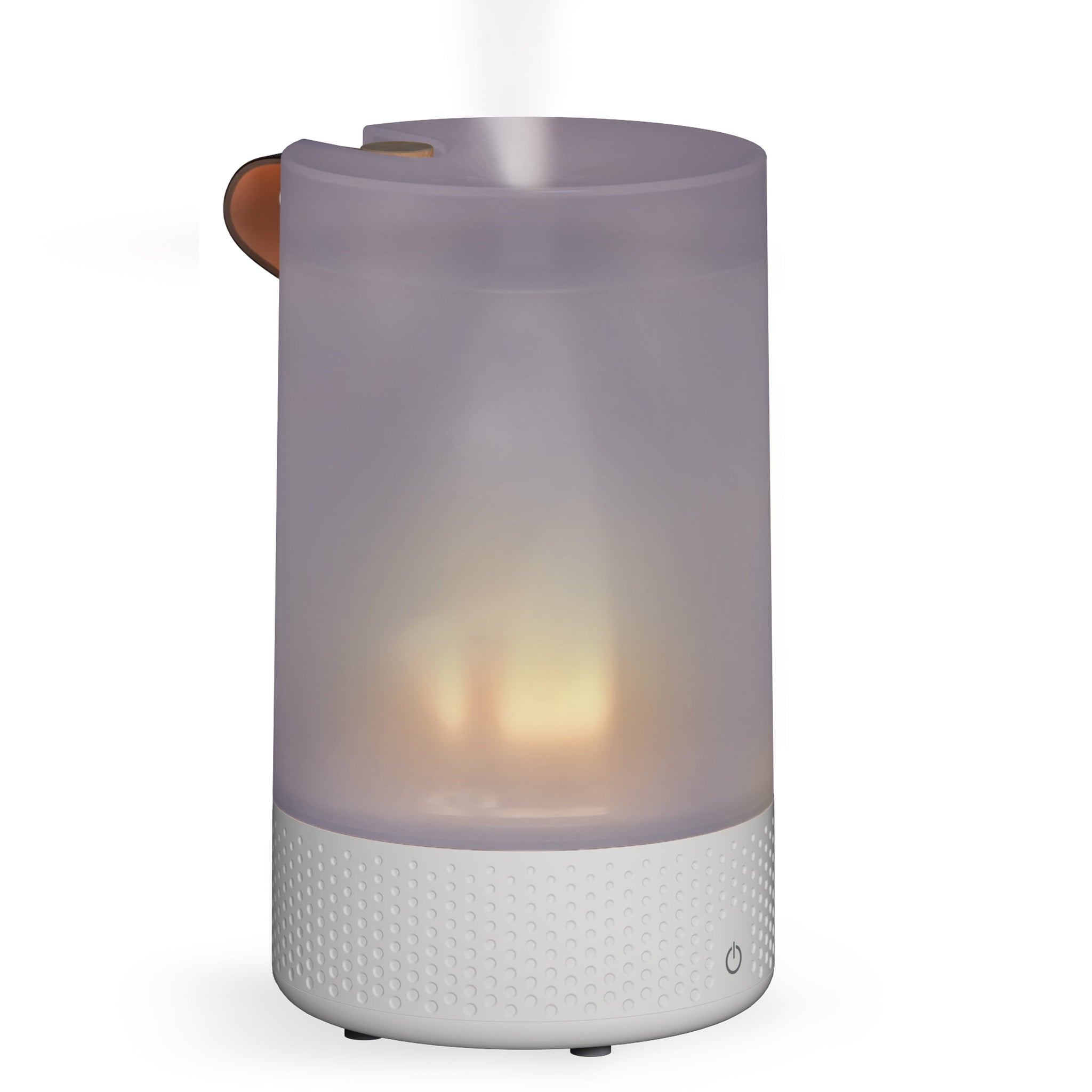 Cylindrical diffuser with a white base and purple top on a white background