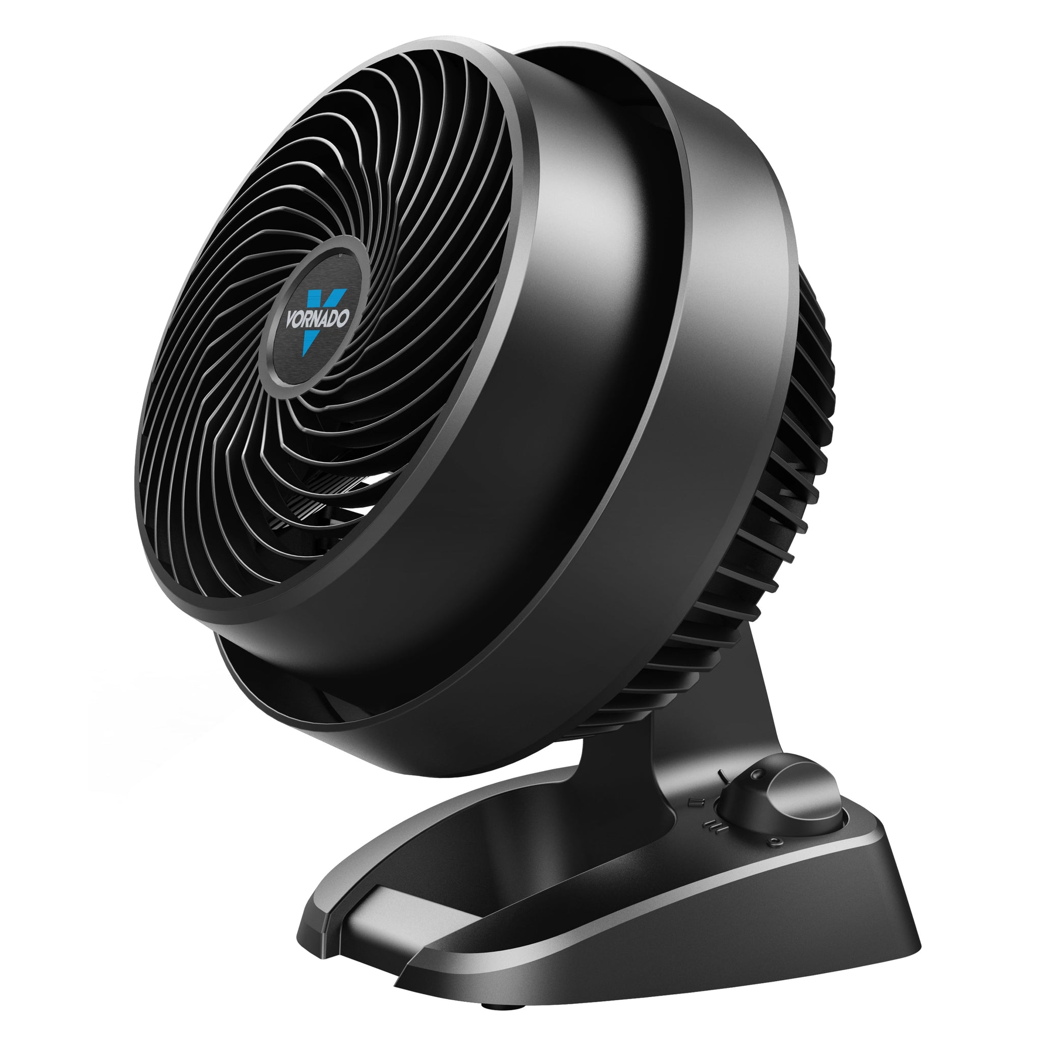 Black desk fan with visible brand logo on a white background
