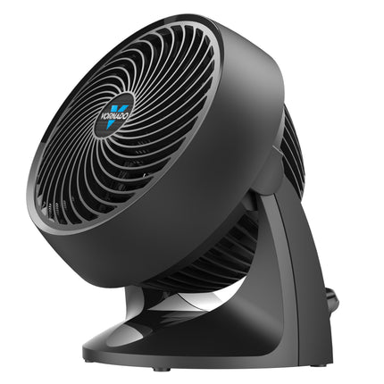 Black fan with a visible brand logo on a white background