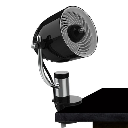 Black and silver clamp-mounted fan on a white background