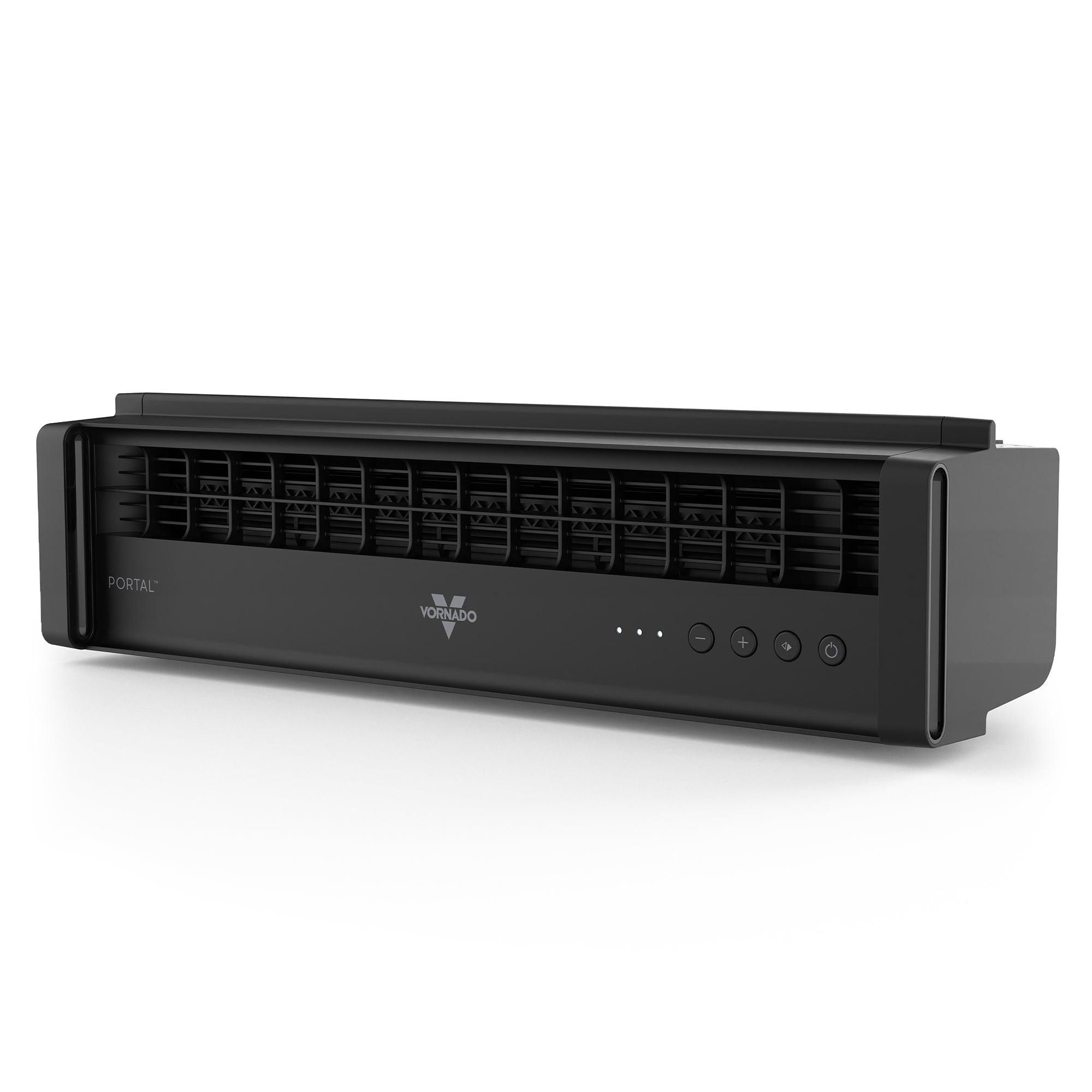 Black Vornado window fan on a white background