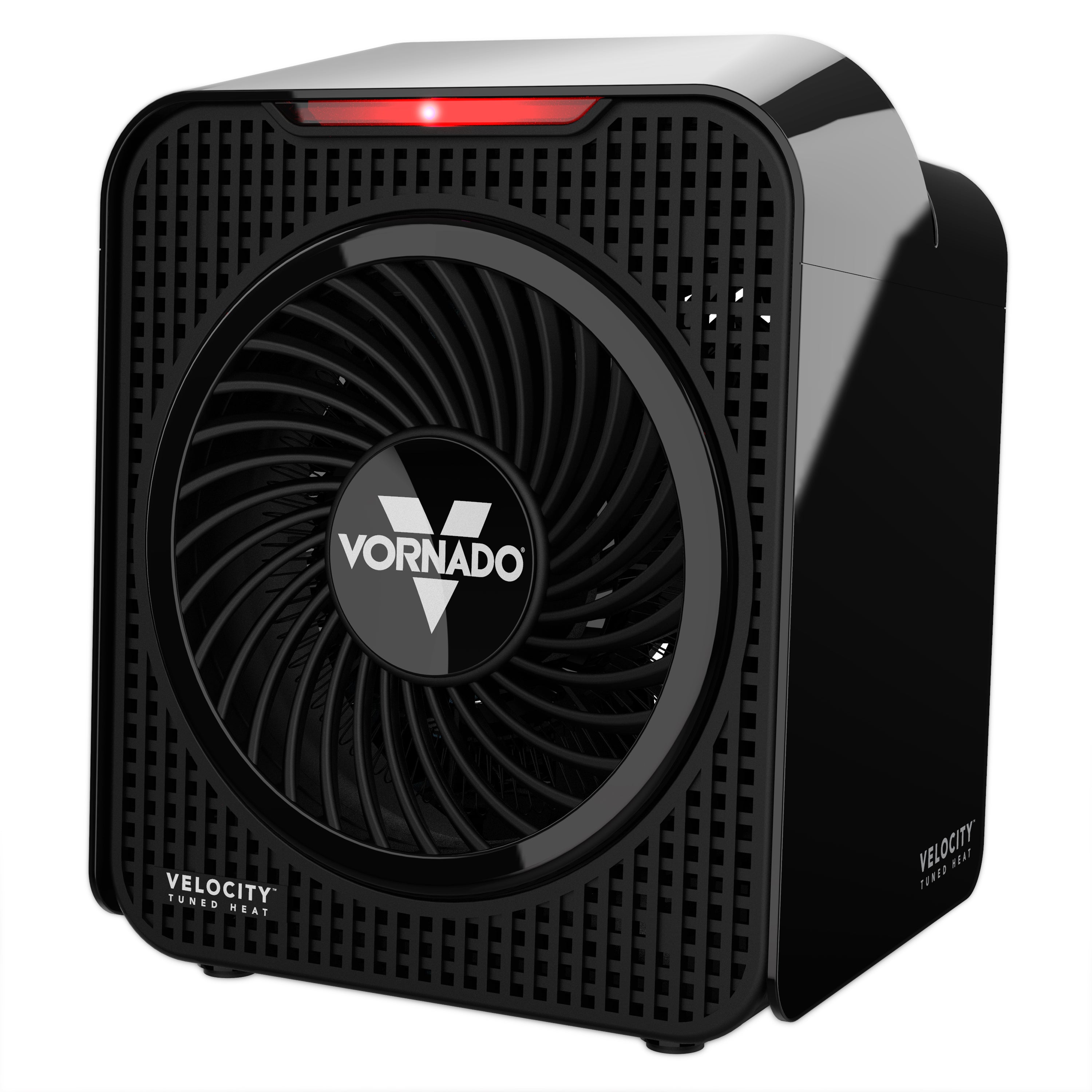 Black Vornado heater with visible brand logo on a white background