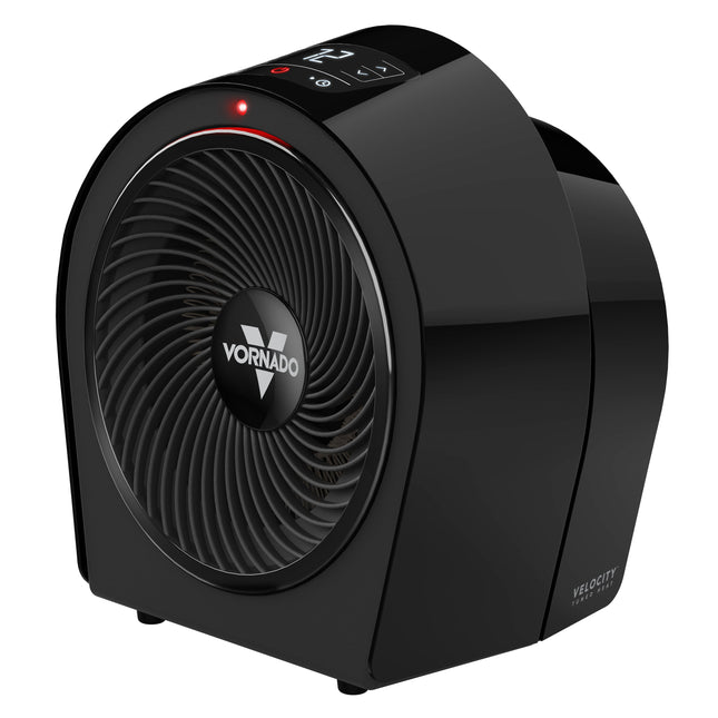 Black Vornado heater on a white background