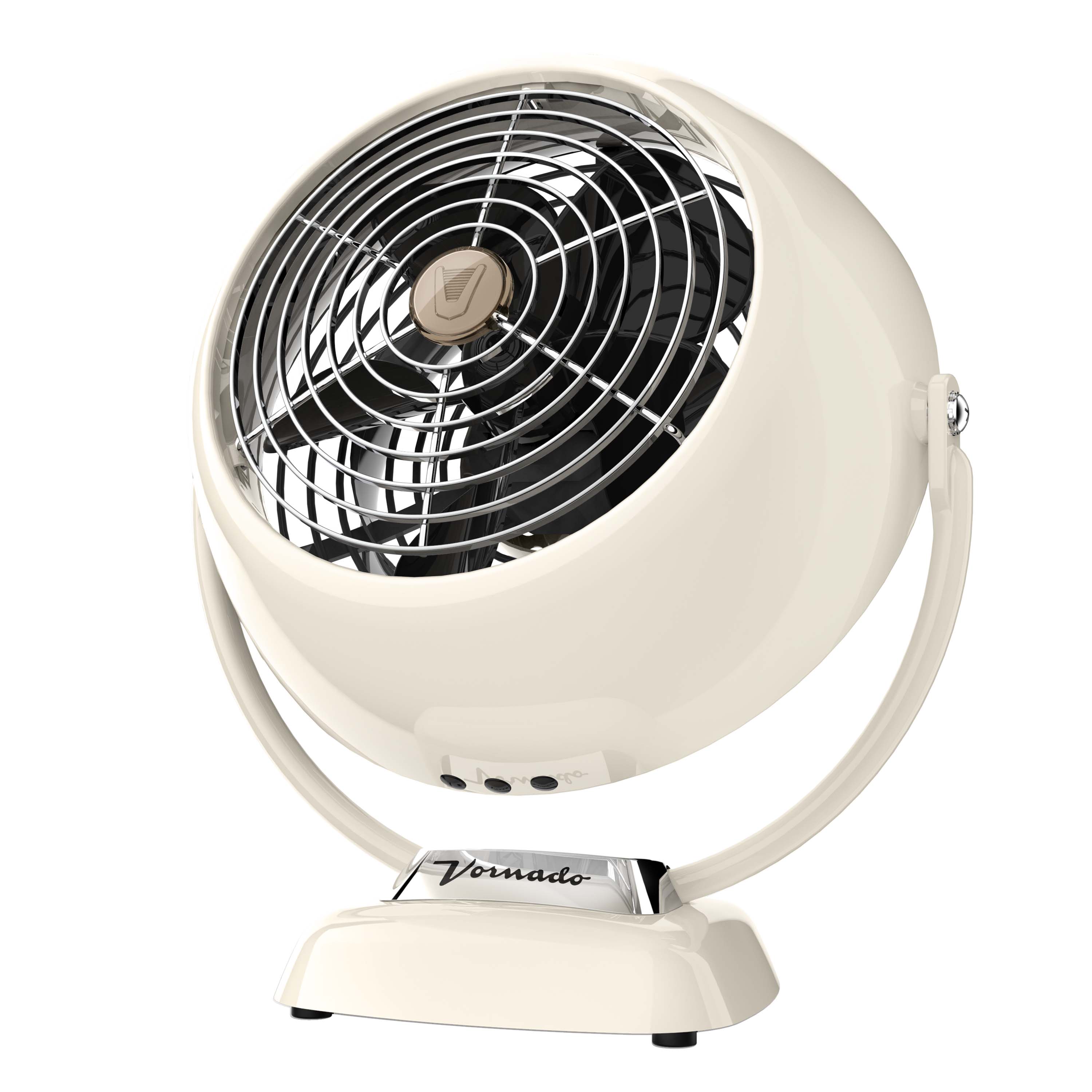 Vintage-style white desk fan with 'Vornado' branding on a white background