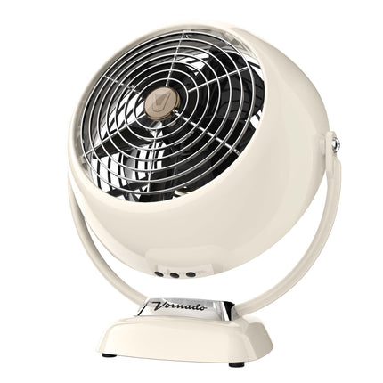 Vintage-style white desk fan with 'Vornado' branding on a white background