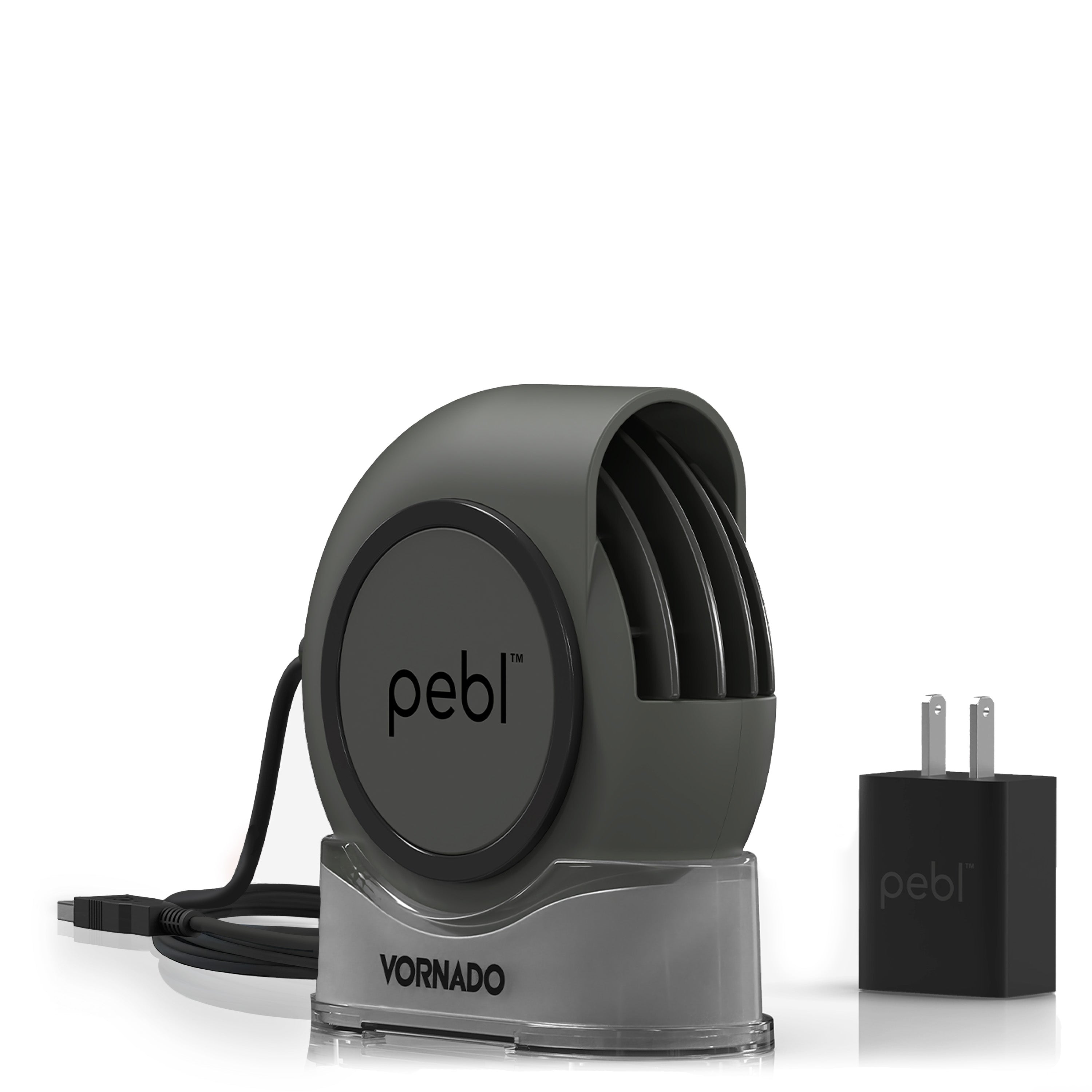 Gray pebl Vornado fan with power adapter on a white background