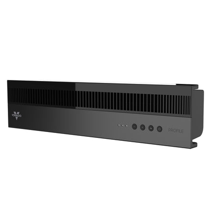 Black electronic device with a brand logo on a white background