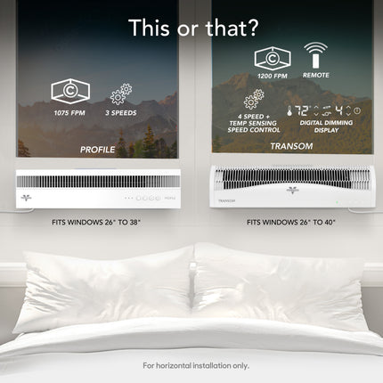 Two window air conditioning units with specifications displayed above a bed.