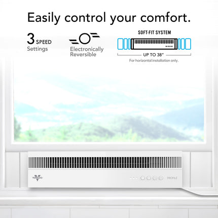 Window air circulator with control settings displayed on a white background