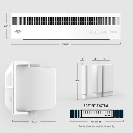 Measurement chart of a air circulator with dimensions and installation details on a white background