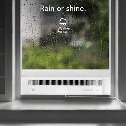 Window with weather-resistant film and text 'Rain or shine.'