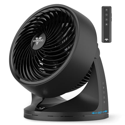 Black Vornado fan with remote control on a white background