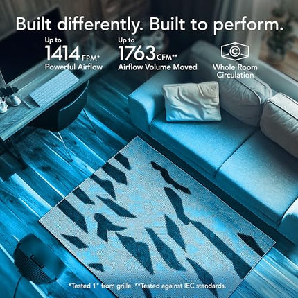 Modern living room with a blue sofa and rug, featuring text about air circulation system performance.