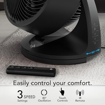 Black oscillating fan with remote control on a textured surface, featuring text about control options.