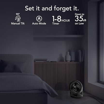 Modern bedroom with a nightstand and fan, featuring text about product features.