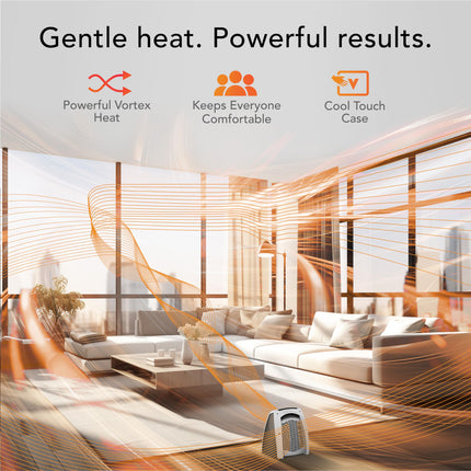 Modern living room with a heating device, featuring text about heat and comfort.
