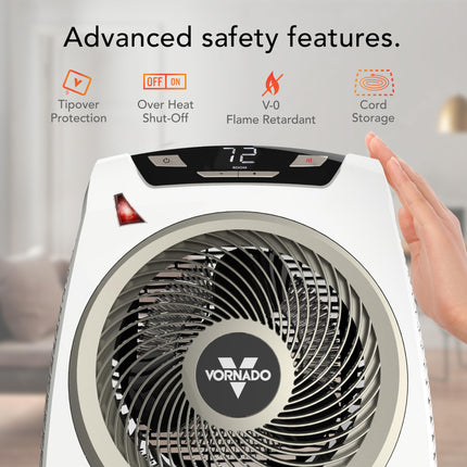 Vornado heater with safety features highlighted on a blurred background