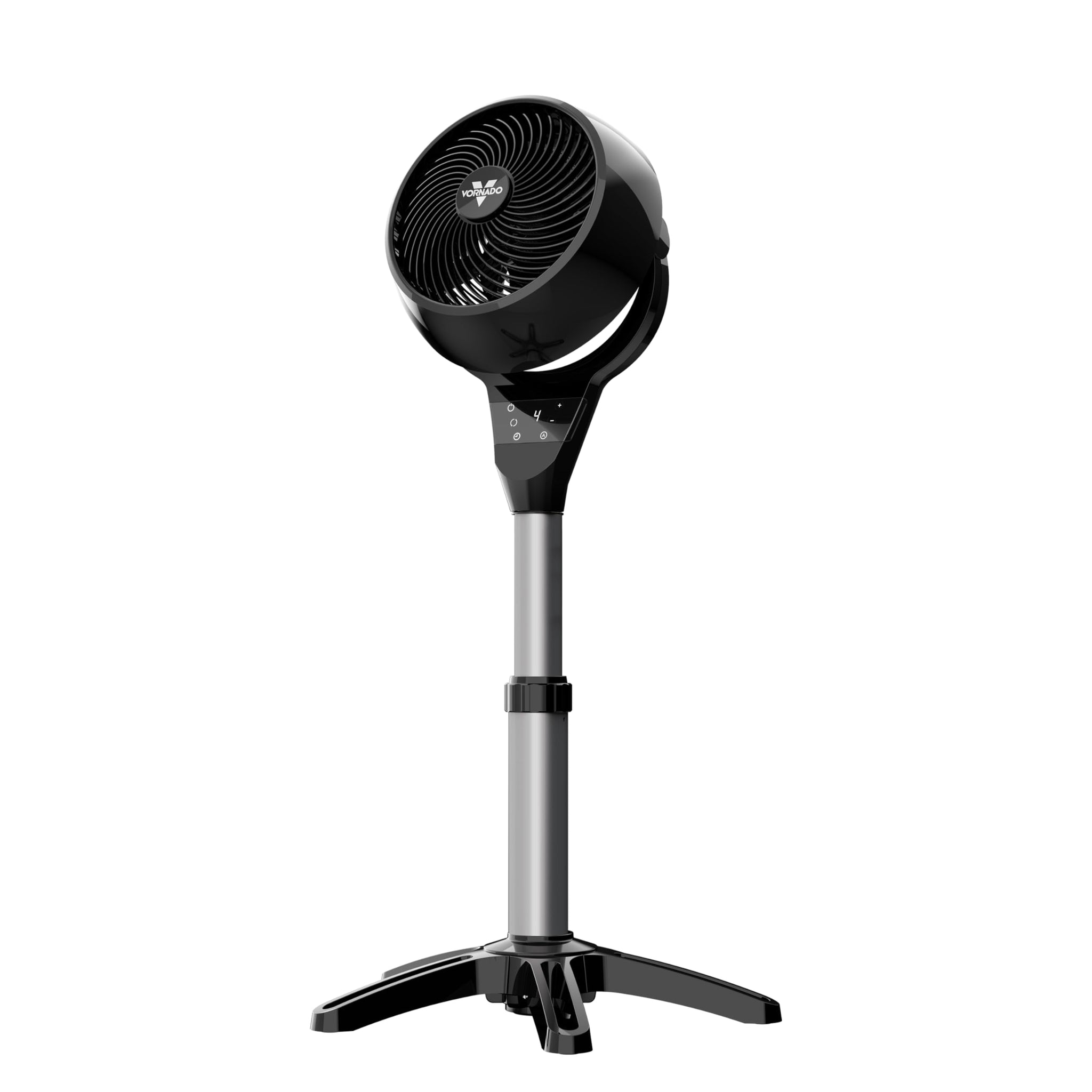 Black oscillating pedestal fan on a white background