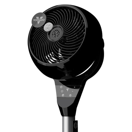 Black oscillating pedestal fan on a white background