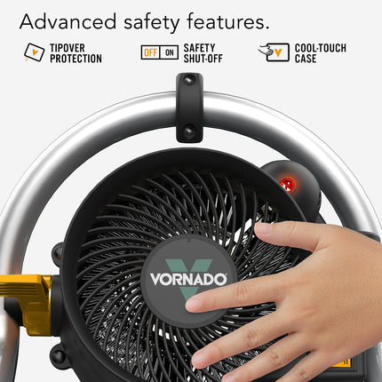 Vornado heater with hand touching it, highlighting safety features on a white background