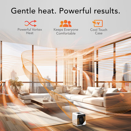 Modern living room with a product displaying 'Gentle heat. Powerful results.' text and icons.