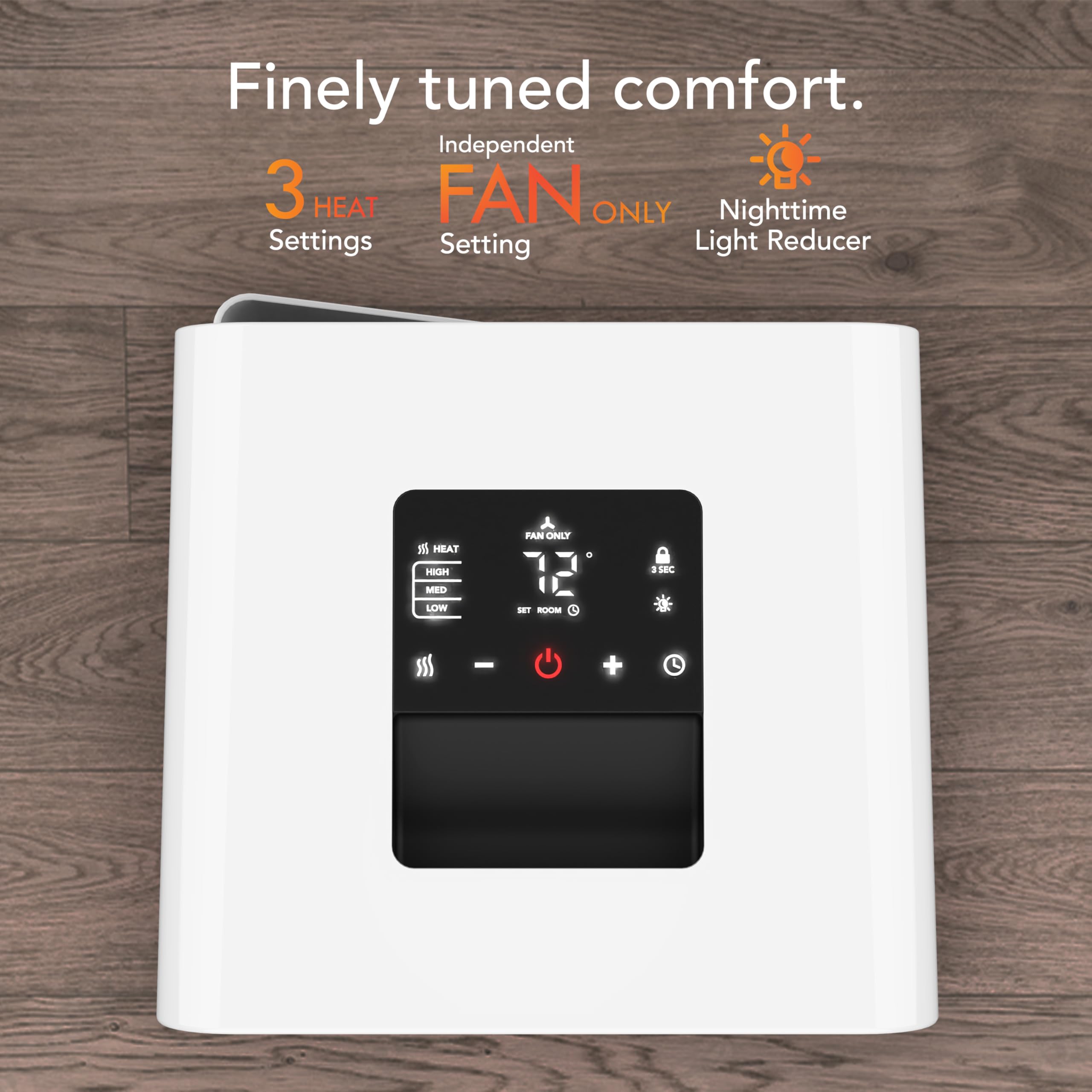White heater with digital control panel on a wooden background