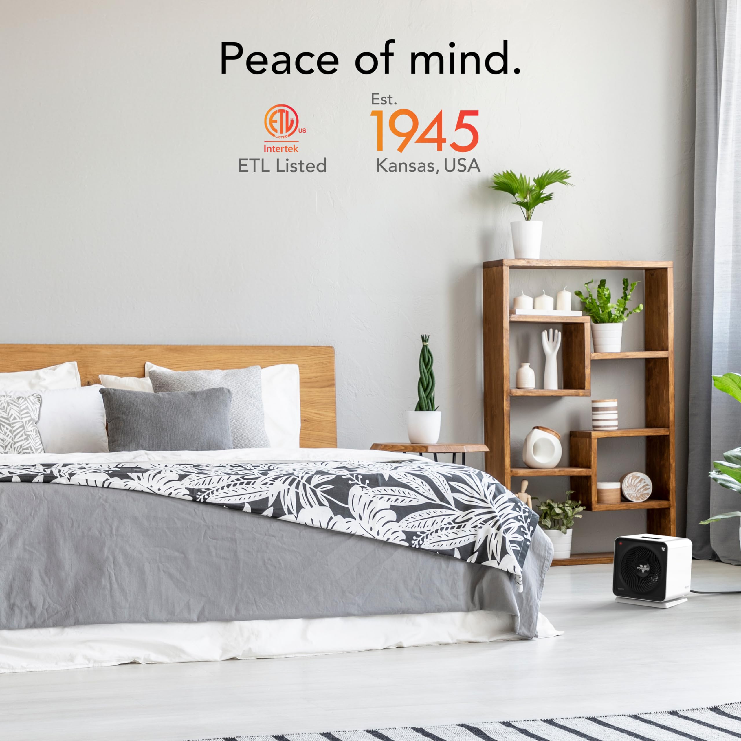 Bedroom with a bed, shelves, and a heater, featuring the ETL Listed logo.