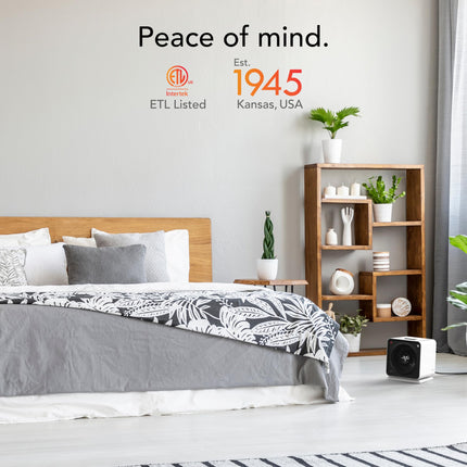 Bedroom with a bed, shelves, and a heater, featuring the ETL Listed logo.