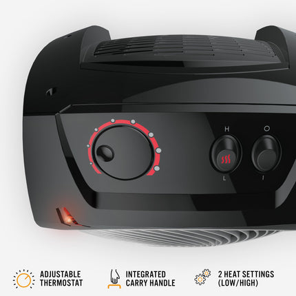 Black portable heater with control panel on a white background