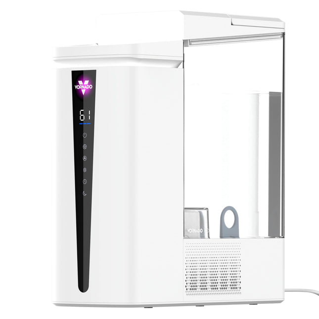 White humidifier with digital display on a white background