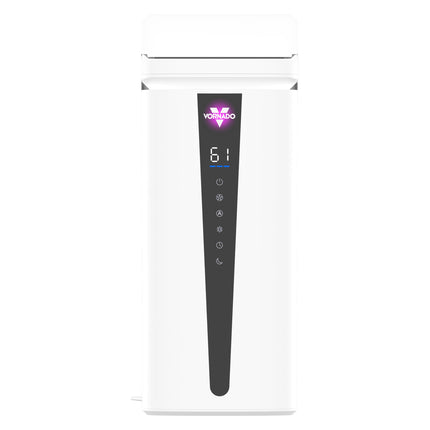 White humidifier with digital display on a white background