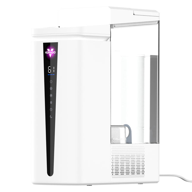 White humidifier with digital display on a white background