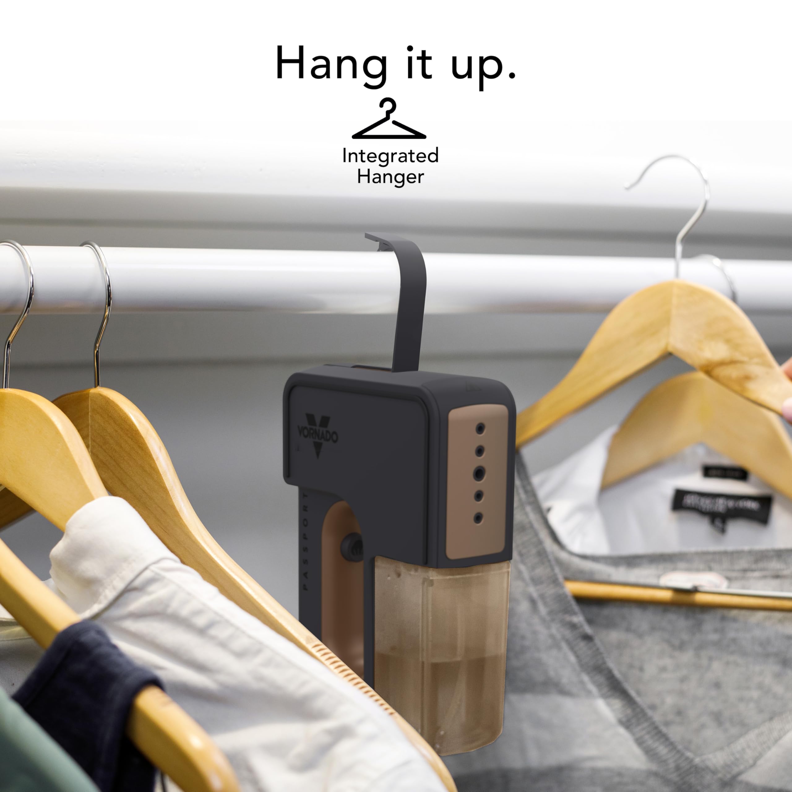 Smart clothing care device with integrated hanger on a rack with clothes.
