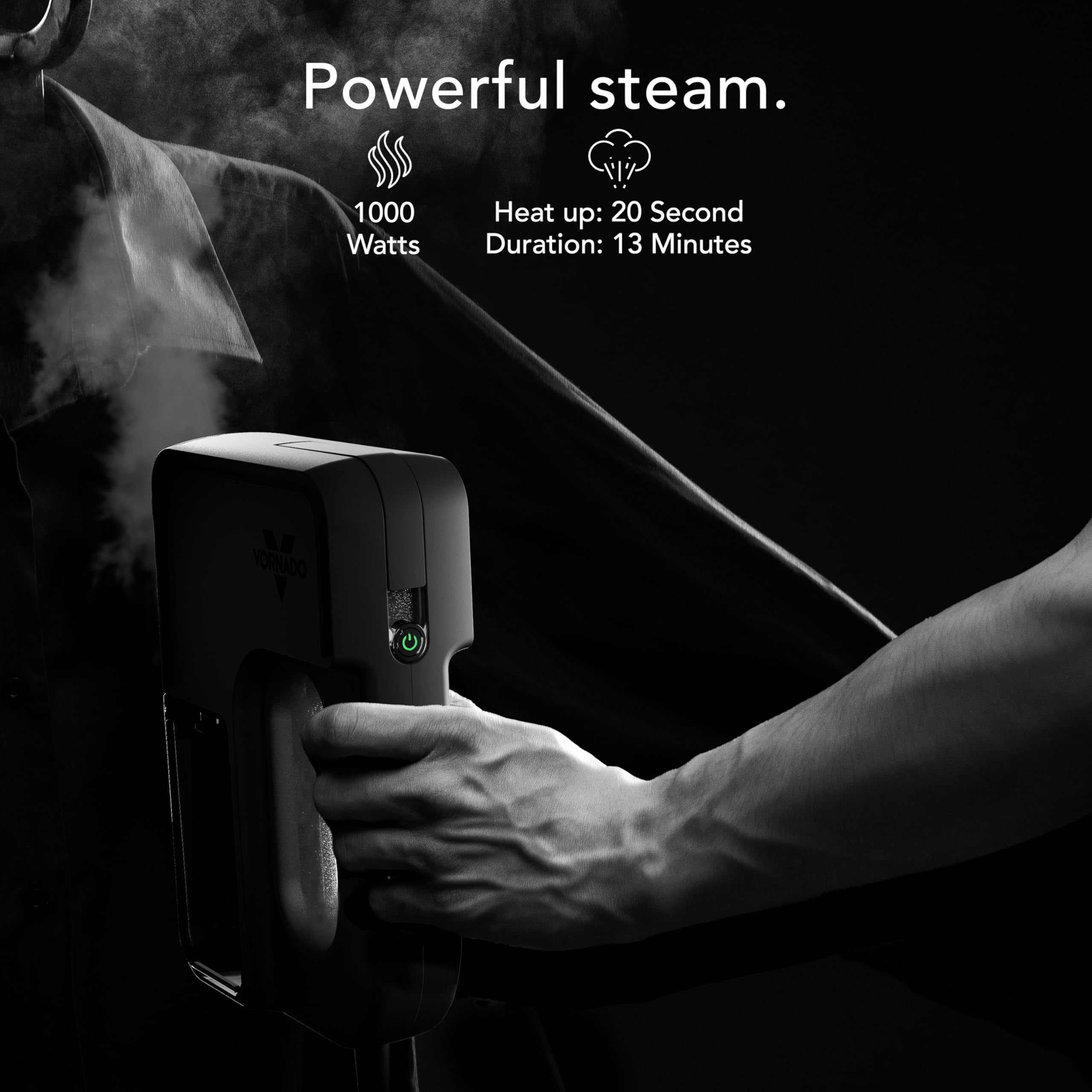 Hand holding a steam iron with text about powerful steam, wattage, heat-up time, and duration.